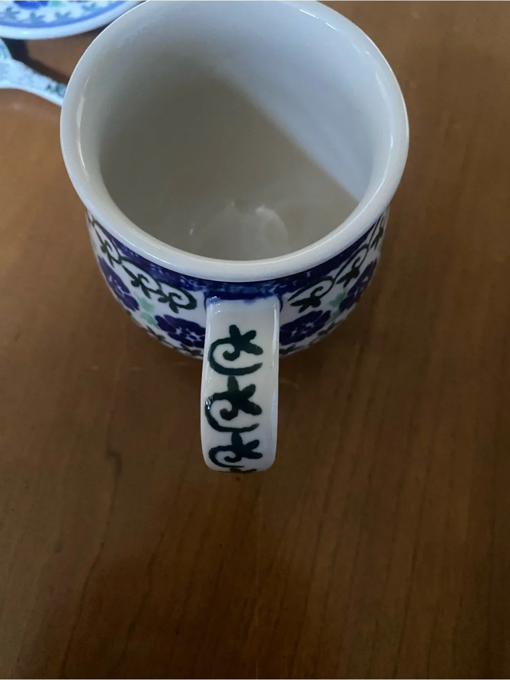 NWT Polish Pottery Hand-Painted 5 piece Tea Mug with Lid, Saucer & Spoon - Blue
